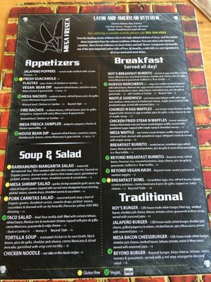 Menu - V for items with a vegan option at Mesa Fresca in Oregon City