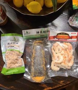 Vegan marked mock meats - Ribs, Salmon, Shrimp at World Foods Supermarket in San Diego