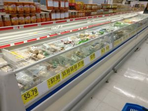 vegan frozen meats case at World Foods Supermarket in San Diego