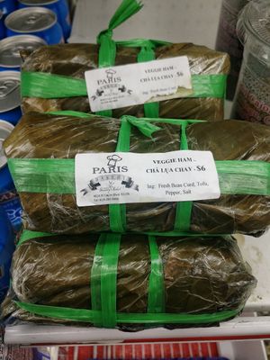 Veggie ham in banana leaves at World Foods Supermarket in San Diego