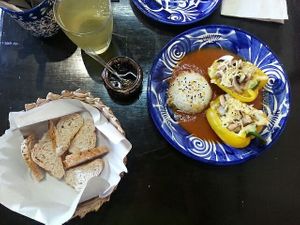Stuffed peppers with rice and in-house made bread at Aguamiel Cafe  in Guanajuato