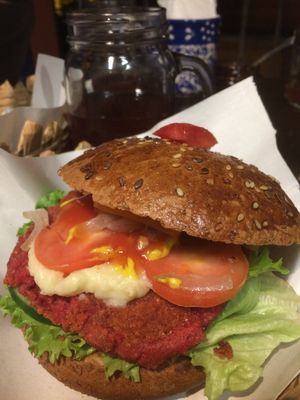 Lentil, chickpeas and heaps of other goodness I can't remember pattie, with potato vegan cheese and fresh vegs. Fresh fluffy bread that was delish. at Aguamiel Cafe  in Guanajuato