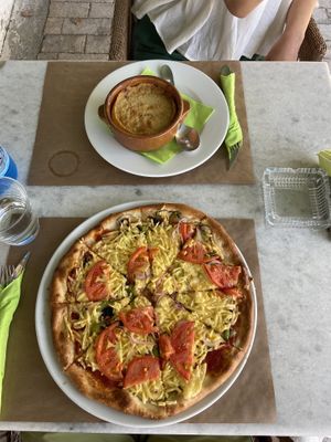 Vegan moussaka and Pizza with vegan cheese at V+ S Corner in Kefalonia