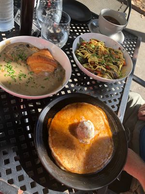Gunslinger pancake ( you can order just one!) croissant and gravy, potatoes and veggies.   at Fox & Fig in Savannah