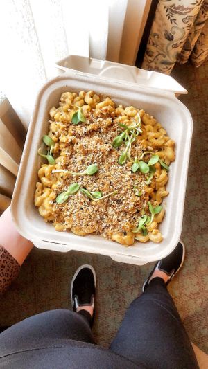 SMOKY MAC macaroni, smoked cashew cheese sauce, toasted panko bread crumbs, Vertu Farm sunflower shoots at Fox & Fig in Savannah