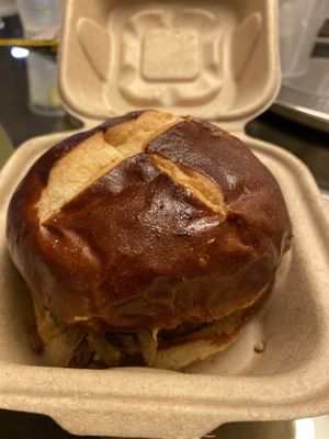 Burger on Pretzel Bun at Fox & Fig in Savannah