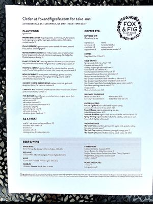 Menu (as of June 4, 2021) at Fox & Fig in Savannah