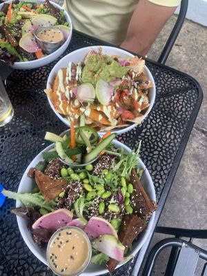 Nachos and two of their quinoa bowls with marinated tofu   at Fox & Fig in Savannah