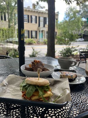 Breakfast sammie, bananza french toast, cookie dough brownie  at Fox & Fig in Savannah