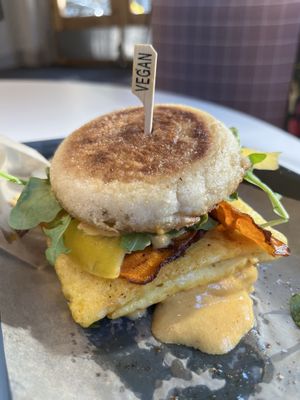 JUST Egg Breakfast Sammie - messy goodness   at Fox & Fig in Savannah