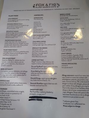 Menu at Fox & Fig in Savannah
