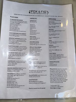 Menu options   at Fox & Fig in Savannah