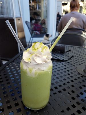 This Matcha & OJ milkshake tastes just like the Creamsicle popsicle of my youth!    at Fox & Fig in Savannah