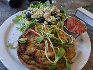 Tofu scramble quiche plate at Fox & Fig in Savannah