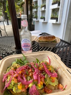 Food , delicious fox burger and tostadas verdes at Fox & Fig in Savannah