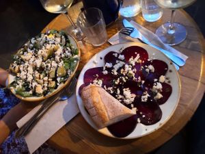 Siciliano salad with almond feta cheese and beetroot carpaccio  at Chateau Shual in Tel Aviv