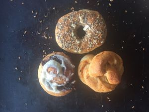 Bagel, cinnamon roll, tomato olive twist at TereCoco in Okayama