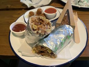 Vegan donner, nuggets and vegan cheesecake.  at What The Pitta in North West London