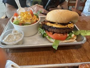 Smoke Stacker burger with side salad   at Murray Hillbilly in Jacksonville
