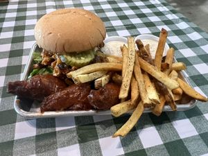 Combo meal with a “Bless Yer Heart” chickun sandwich, three barbecue wings, and a side of fries  at Murray Hillbilly in Jacksonville
