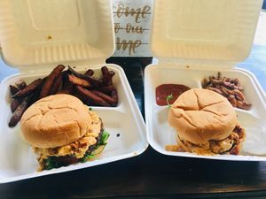 Get er’ done Burger 1 with fries & 1 with Soy curls at Murray Hillbilly in Jacksonville