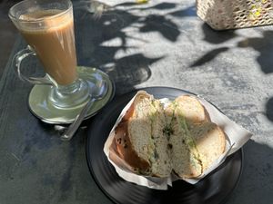 Bagel with vegan cream cheese, avocado & dill. Chai latte with almond milk   at Aleena - Food Stall in Koh Lanta