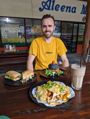 Vegan burger, jackfruit sandwich, cauliflower and tofu nachos and a funky monkey shake (peanut butter, banana, chocolate and coconut milk) all from the vegan menu 😁 great food p at Aleena - Food Stall in Koh Lanta