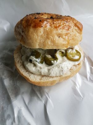 Bagel with cashew cream cheese and pickled chili pepper. at Aleena - Food Stall in Koh Lanta