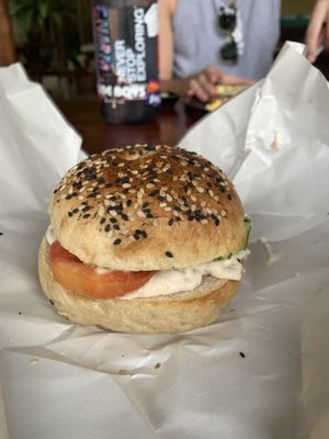 Bagel with cashew cream cheese, tomato and cucumber (also had the one with avo and dill another day that was equally delish) at Aleena - Food Stall in Koh Lanta