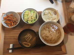set lunch - soup noodles, miso soup, 3 sides (cabbage dish, burdock and carrot, soymilk soup with veg) at Zen Eat Cuisine in Hong Kong Island
