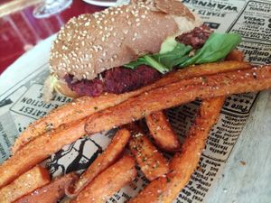 Wild burger with sweet potato fries at Wild Food in Granada