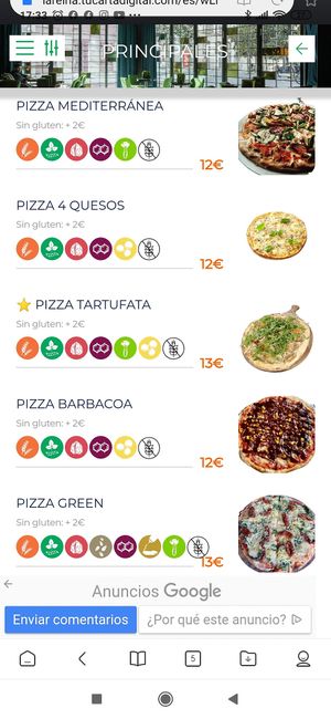 Carta (pizzas) at Wild Food in Granada