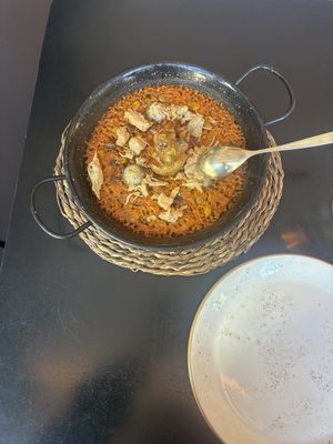 Paella with vegan chicken  at Wild Food in Granada