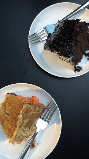 Carrot cake and chocolate cake at Wild Food in Granada