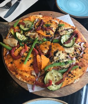 Mediterranean pizza - delicious!  at Wild Food in Granada