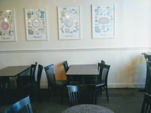 Indoor seating and decor at Revolution Doughnuts in Atlanta