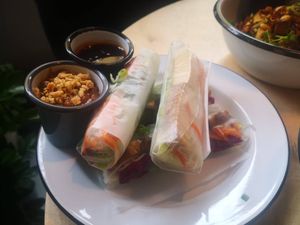 spring rolls (both types) + sweet chilli sauce and peanut sauce at NhaBe Vietnamese Bistro in Martin