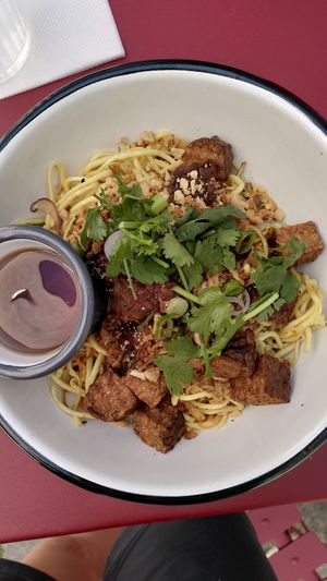 Wheat noodles with tempeh at NhaBe Vietnamese Bistro in Martin