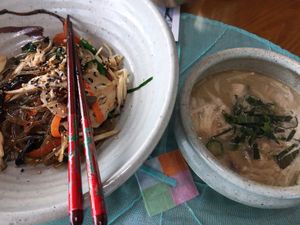 Mushroom sweet potato noodles (japchae) and mushroom and perilla seed soup (beoseot deulggae tang) at Ssukbujaeng-i 쑥부쟁이 in Gyeongju