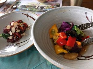 Fried mock meat in a sweet and spicy sauce with stir fried mixed vegetables and mushrooms at Ssukbujaeng-i 쑥부쟁이 in Gyeongju
