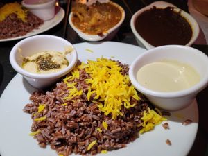 Rice hummus and tahini at Shamshiri Grill in West Los Angeles