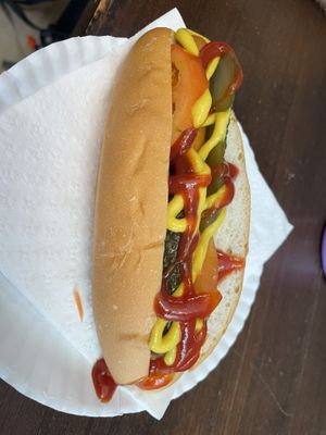 Vegan hot dog with pickles, mustard and ketchup   at Govinda's at the Beach in Ao Nang