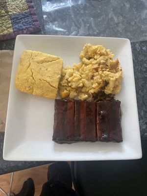 Cornbread, ribs, mac and cheese   at Detroit Vegan Soul in Detroit
