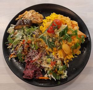 Panang Thai curry with elephant beans and whole grain rice (finished with coriander). Vietnamese papaya salad with fresh coriander and peanut grits.
Marinated cabbage salad with ka at Anne's Vege in Espoo