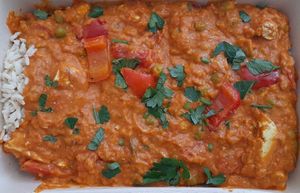 Indian tofu lentil stew with whole grain rice (ResQ) at Anne's Vege in Espoo