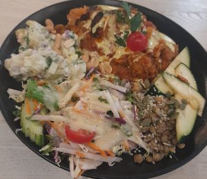 Mediterranean moussaka with De Puy lentils, potato salad, marinated zucchini... at Anne's Vege in Espoo