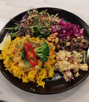 This was so good! The warm dish was a curry and then the cold ones were different types of salads. This is the "normal" size meal at Anne's Vege in Espoo