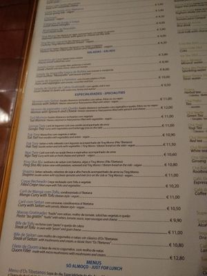 Menu at Os Tibetanos in Lisbon
