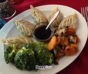 Momos: steamed or fried dumplings with seitan and vegetables filling. at Os Tibetanos in Lisbon