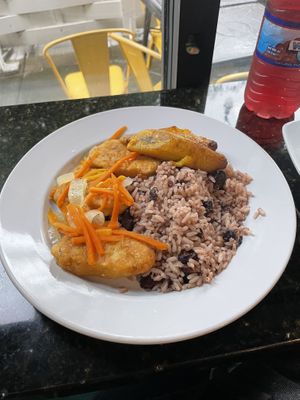 Vegan fishless escovitch with rice and peas   at Island Delight at Dexter in Montgomery